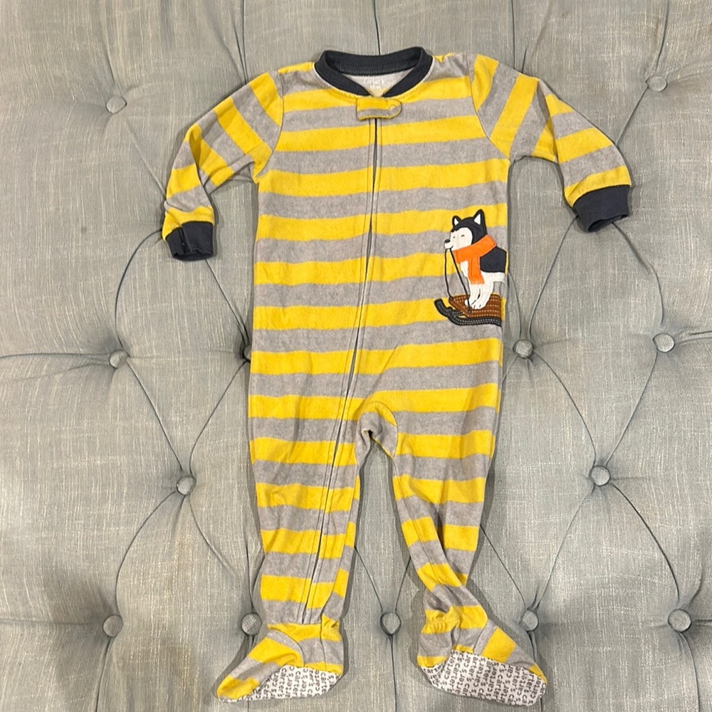 Carter's Cozy Yellow and Gray Striped Footies with Sled Dog Design